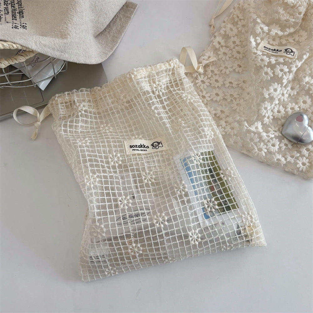 デイジー刺繍トラベルメッシュバッグ メッシュレース フラワーインナーポーチ