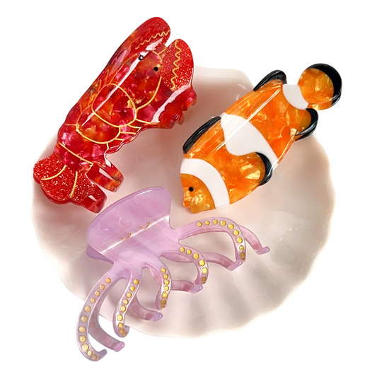 海の生き物モチーフアセテートヘアクリップ|タコ・ロブスター・熱帯魚デザイン
