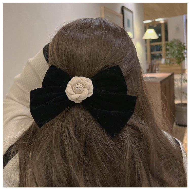 ヴィンテージベルベット 椿リボンヘアピン ブラックベルベット 椿バレッタ