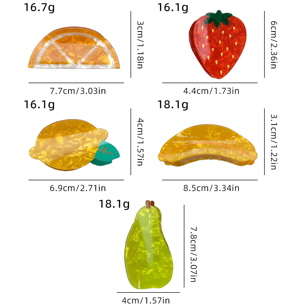 フルーツモチーフアセテートヘアクリップ|イチゴ・オレンジ・レモンデザイン