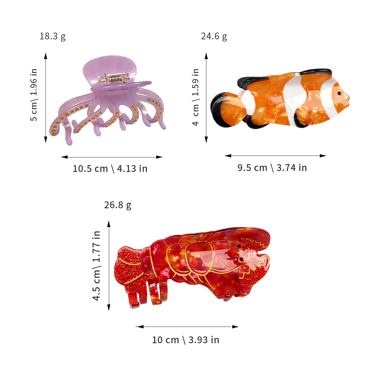 海の生き物モチーフアセテートヘアクリップ|タコ・ロブスター・熱帯魚デザイン