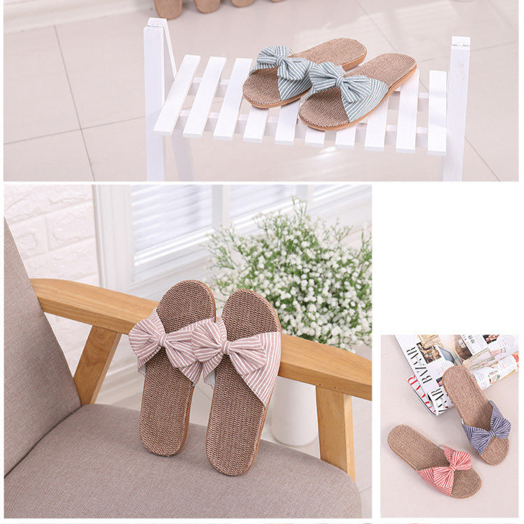 ストライプリボン付きコットンヘンプスリッパ|レディースオープントゥ室内用夏スリッパ