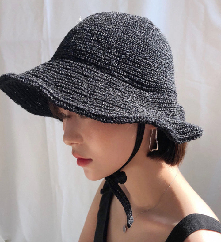 レースアップサンシェードフィッシャーマンハット|女性用折りたたみ式UVカット麦わら帽子