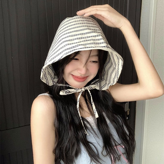 Striped Wide Brim Bucket Hat (Summer/UV Protection) - Women's/Fashionable
