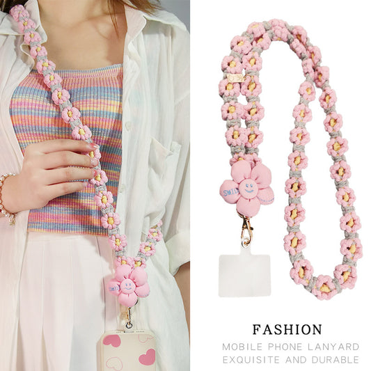 手編みデイジー柄スマホストラップ – 斜め掛けOK!落下防止&おしゃれなネックストラップ