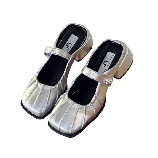 フレンチスタイル シルバートゥ セミスリッパ|レディースブロックヒールスリッポン 2025年夏新作