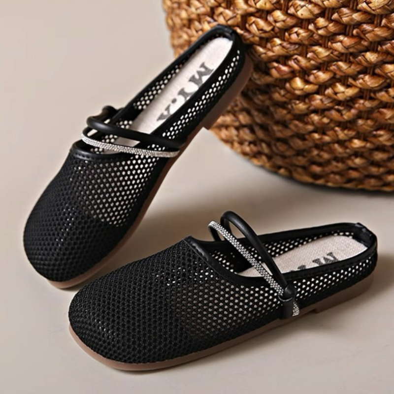 通気性メッシュスリッポン|ハーフスリッパスタイルのフラットシューズ レディース