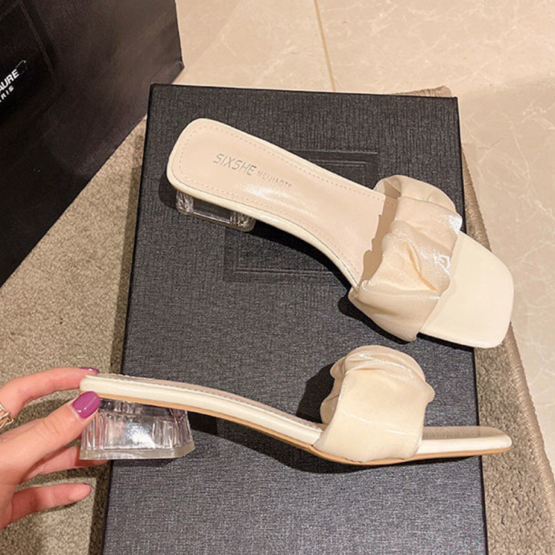 クリスタルブロックヒール スクエアトゥ ミッドヒール サンダル 2025年夏新作 レディース