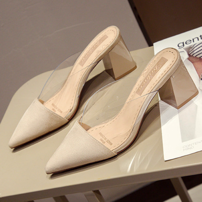 ドロップヘア クリアブロックヒール ポインテッドトゥ セミスリッパ 2025年夏新作 レディース