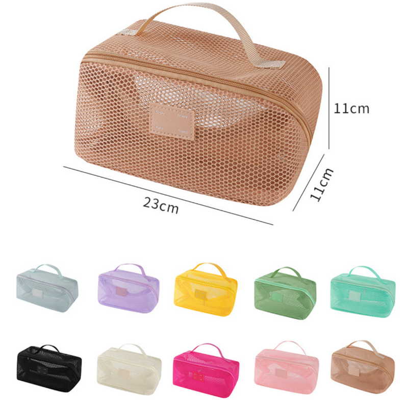 カラーメッシュ多層メイクアップポーチ 大容量ハンドル付きトラベルコスメバッグ