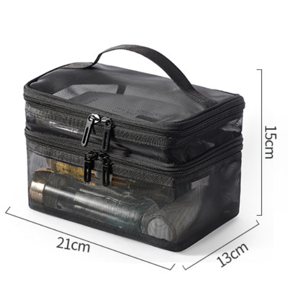 ナイロンメッシュ×二重層大容量トラベルコスメバッグ 洗えるナイロンメイク収納バッグ